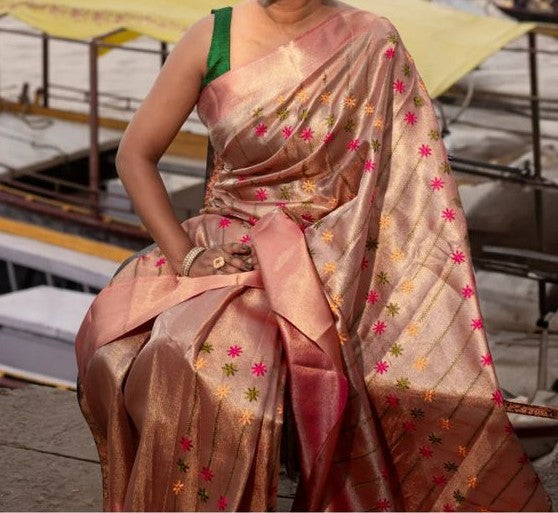 Jyothika Tissue Silk Pre Draped Saree with Silk Flower Embroidery