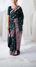 Emerald Green Mashru Silk Pre-Draped Banarsi Saree with PINK Border and Silver Work